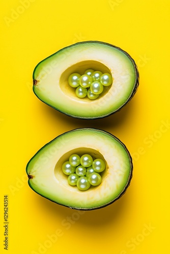 Obraz na płótnie Flat lay of slices avocado with green pears inside on a bright yellow background. Trendy, healthy, creative concept. w salonie