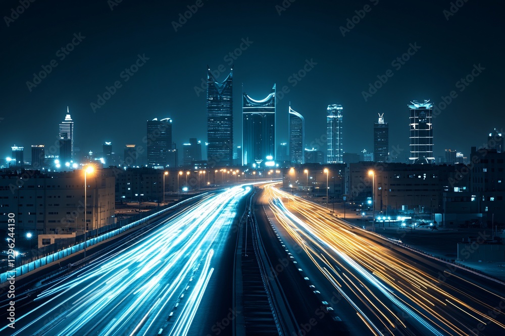 Fototapeta premium A vibrant nighttime cityscape showcasing illuminated skyscrapers in the central business district (CBD), highlighting urban development, modern architecture, and the dynamic energy of a metropolitan s