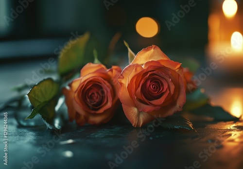 Romantic Arrangement of Beautiful Orange Roses with Soft Candlelight