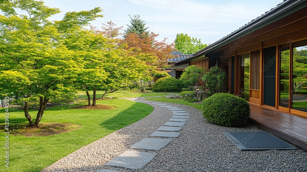 Fototapeta premium A Feng Shui-inspired front yard with small trees and open pathways for positive energy.