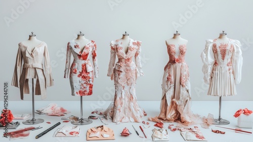 A fashion show featuring five dresses with unique floral patterns and designs.