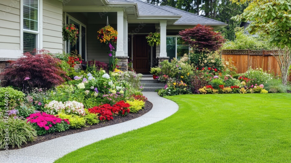 Obraz premium A Feng Shui front yard with a balanced mix of plants, pathways, and airy spaces.