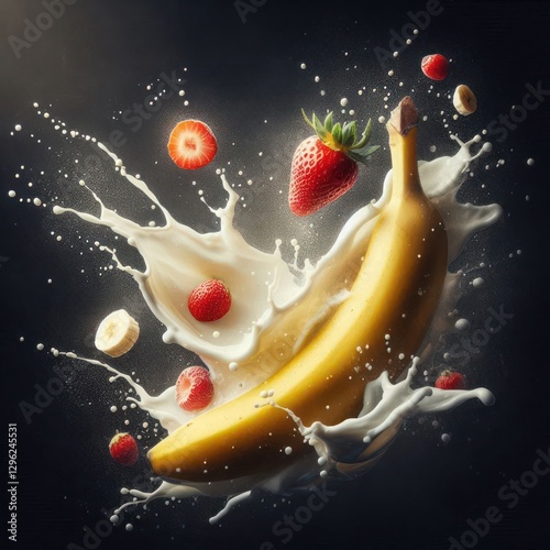 banana , Strawberry and milk splash floating in the air on dark background . Healthy Fresh fruits for smoothie and yogurt  .