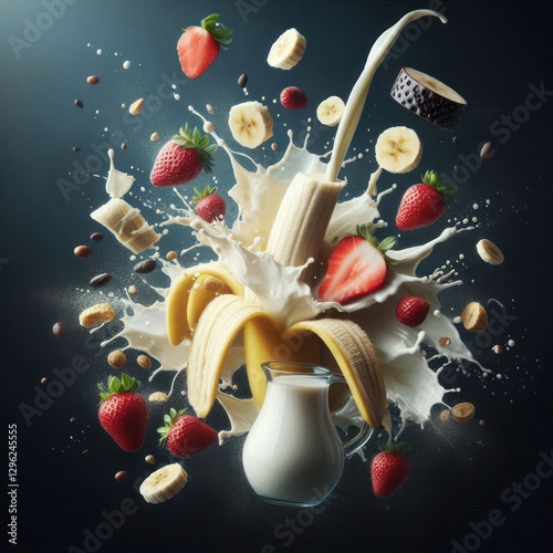 banana , Strawberry and milk splash floating in the air on dark background . Healthy Fresh fruits for smoothie and yogurt  .