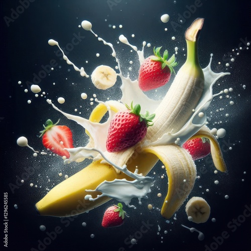 banana , Strawberry and milk splash floating in the air on dark background . Healthy Fresh fruits for smoothie and yogurt  .