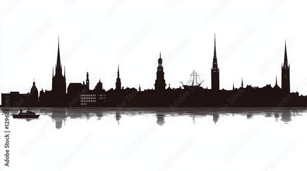 Fototapeta premium Malmo Sweden City Skyline Silhouette with Black Buildings Isolated on White. Vector Illustration of Malmo's iconic landmarks, representing business travel, tourism, and historic architecture