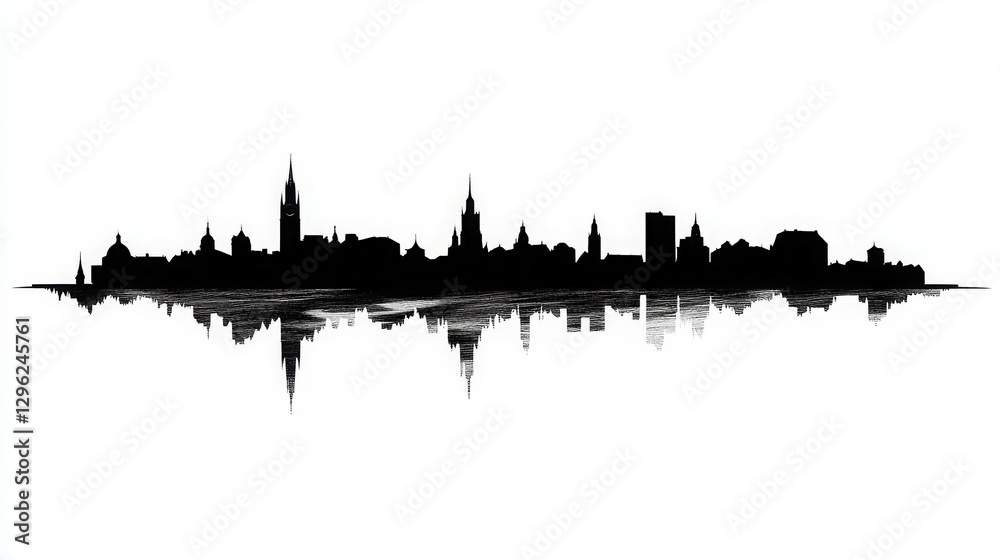 Naklejka premium Malmo Sweden City Skyline Silhouette with Black Buildings Isolated on White. Vector Illustration of Malmo's iconic landmarks, representing business travel, tourism, and historic architecture