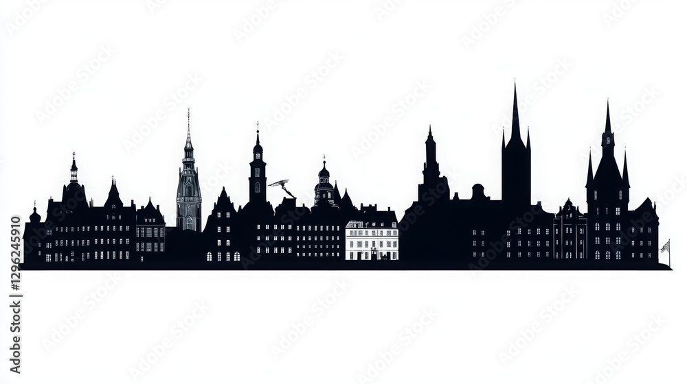 Fototapeta premium Malmo Sweden City Skyline Silhouette with Black Buildings Isolated on White. Vector Illustration of Malmo's iconic landmarks, representing business travel, tourism, and historic architecture