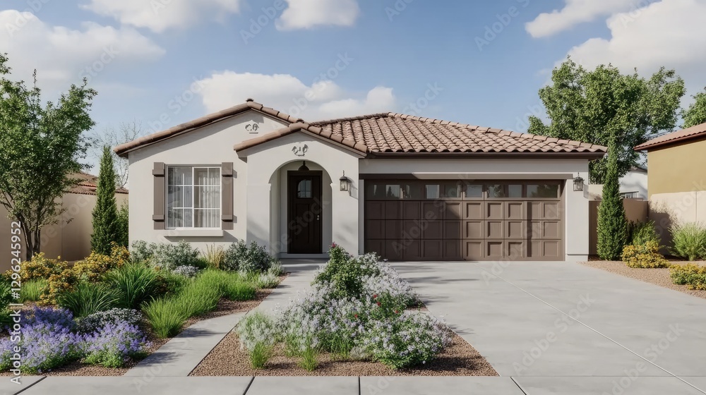 Fototapeta premium A front yard with an open and airy layout, featuring neatly arranged small shrubs and flowers.