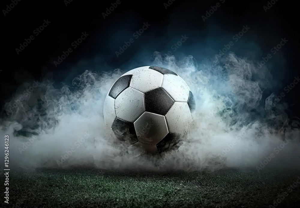 Fototapeta premium Dynamic Soccer Ball with Smoke Effects on a Dark Background