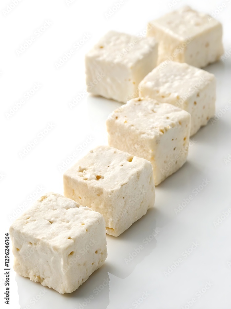 Clipping path, full depth of field, isolated feta, Greek cheese cubes on white background Clipping path, full depth of field, isolated feta, Greek cheese cubes on white background