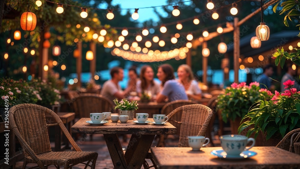 Outdoor dining under string lights in a cozy garden setting during a summer evening gathering Outdoor dining under string lights in a cozy garden setting during a summer evening gathering