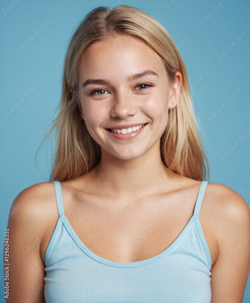 Portrait einer lächelnden Jugendlichen vor blauem Hintergrund Portrait einer lächelnden Jugendlichen vor blauem Hintergrund