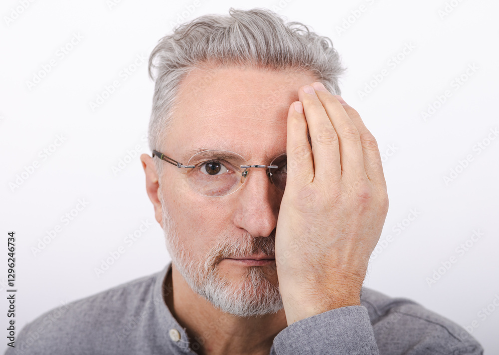 Portrait of senior man wearing stylish glasses to treat his poor eyesight. Eyeglasses for vision correction, concept Portrait of senior man wearing stylish glasses to treat his poor eyesight. Eyeglasses for vision correction, concept