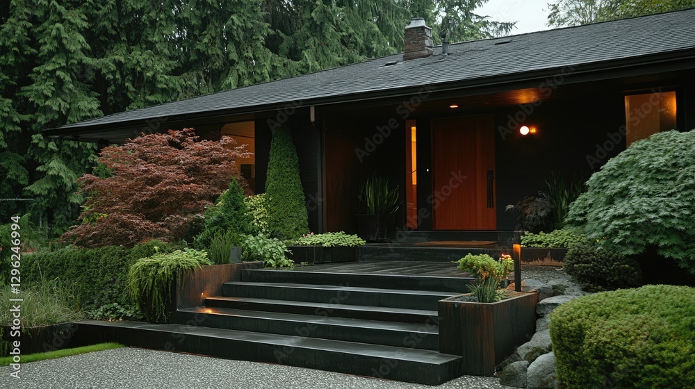 Fototapeta premium A home entrance with a well-organized front yard, blending greenery with modern landscaping.