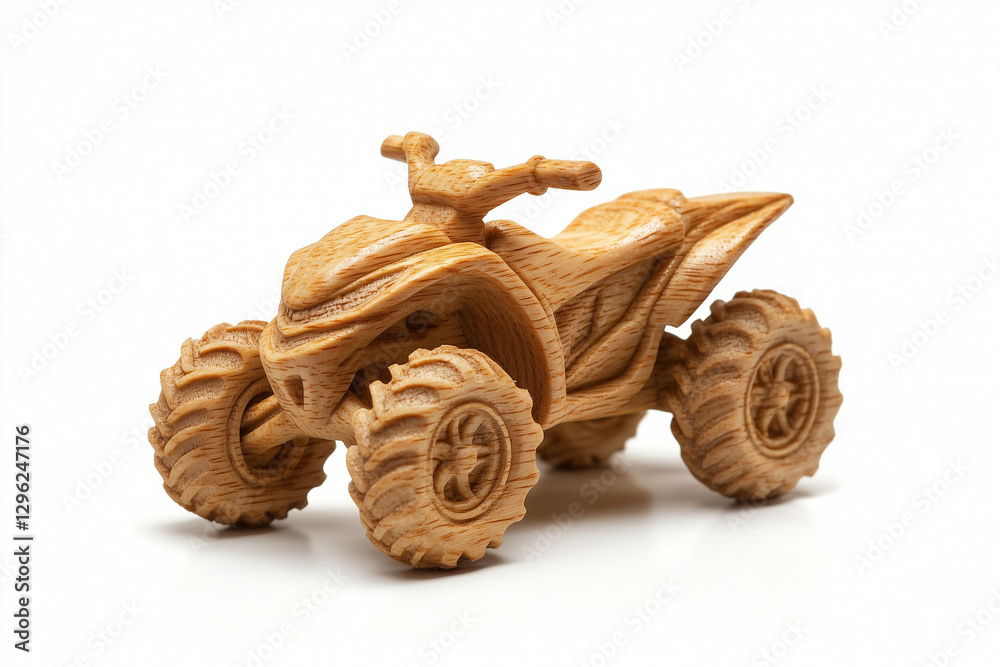 Wooden Quad Bike vehicle, carved wood vehicle art, white backdrop Wooden Quad Bike vehicle, carved wood vehicle art, white backdrop