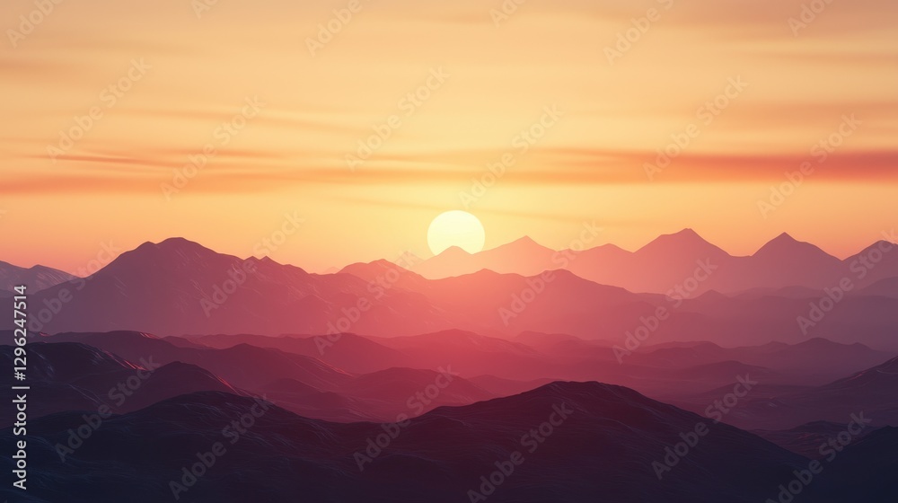 Obraz premium Serene Sunset Over Majestic Mountain Range on Clear Evening Sky