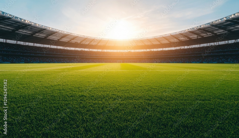 Fototapeta premium Beautiful Sunset Over a Lush Green Sports Field in Stadium