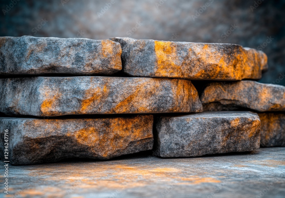 Textured stones with vibrant orange highlights stacked against a blurred background for artistic presentations Textured stones with vibrant orange highlights stacked against a blurred background for artistic presentations
