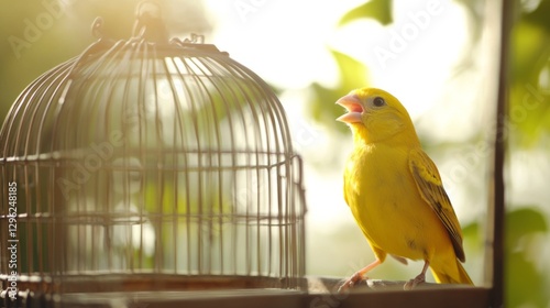 Yellow Bird in Cage, Garden Scene photo