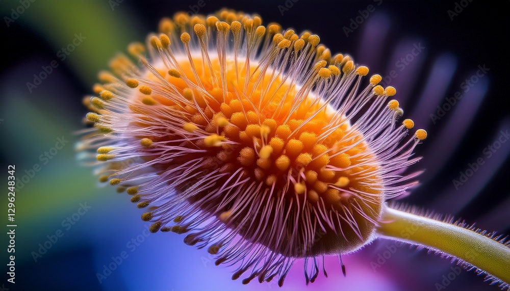 A close-up of a single grain of pollen under a microscope, revealing its spiky, alien-like structure and intricate, textured surface. A close-up of a single grain of pollen under a microscope, revealing its spiky, alien-like structure and intricate, textured surface.