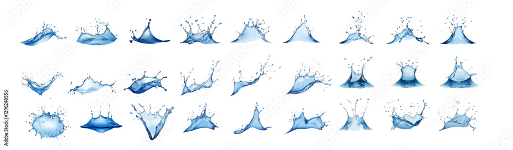 Fototapeta premium A set of water splash icons in a vector illustration style, featuring various dynamic shapes in different shades of blue