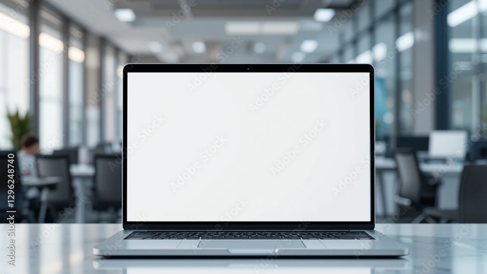 Fototapeta premium A modern laptop with a blank screen on a wooden desk in a blur office background