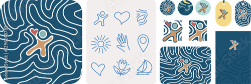 planche d'éléments graphiques pour illustrer l'attachement et le respect pour son territoire avec les valeurs d'échanges, de déplacement doux, de production locale, de tourisme responsable
