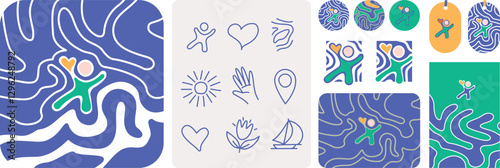 planche d'éléments graphiques pour illustrer l'attachement et le respect pour son territoire avec les valeurs d'échanges, de déplacement doux, de production locale, de tourisme responsable