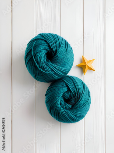Ball of yarn. Two stars made from worsted lying on a white wooden background, decoration handmade flat lay top shiet view from above