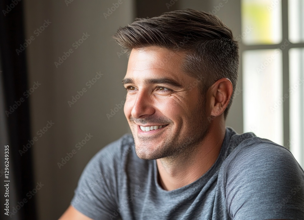 Close-up portrait of a handsome, smiling man with short hair and a beard, looking to the side with a window in the background. Close-up portrait of a handsome, smiling man with short hair and a beard, looking to the side with a window in the background.