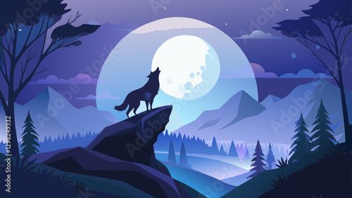 A lone wolf howling, captured in silhouette form, standing on a hill under a full moon