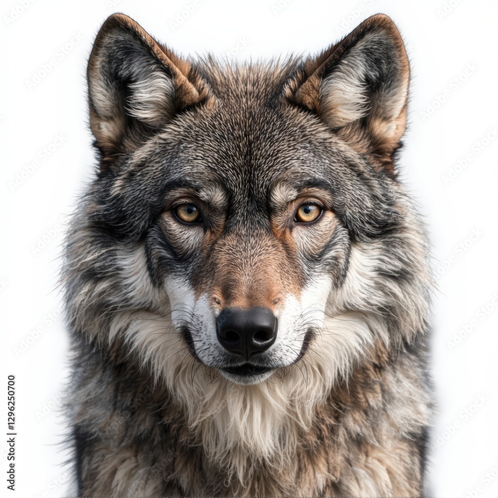 Fototapeta premium Close-up portrait of a wolf against a white background.