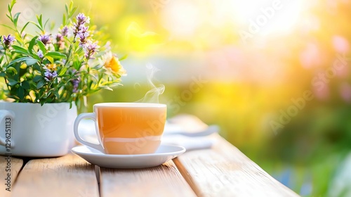 self-care routines mindfulness ritual. A steaming cup of tea sits next to a vibrant flower pot on a sunlit wooden table, creating a serene and inviting atmosphere.