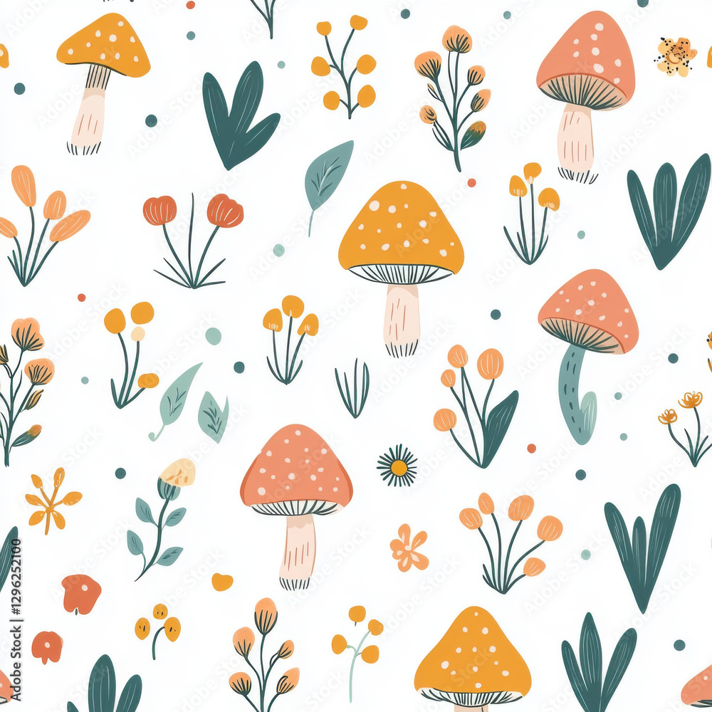 whimsical pattern featuring colorful mushrooms and flowers, creating cheerful and vibrant design. Perfect for textiles or wallpaper whimsical pattern featuring colorful mushrooms and flowers, creating cheerful and vibrant design. Perfect for textiles or wallpaper