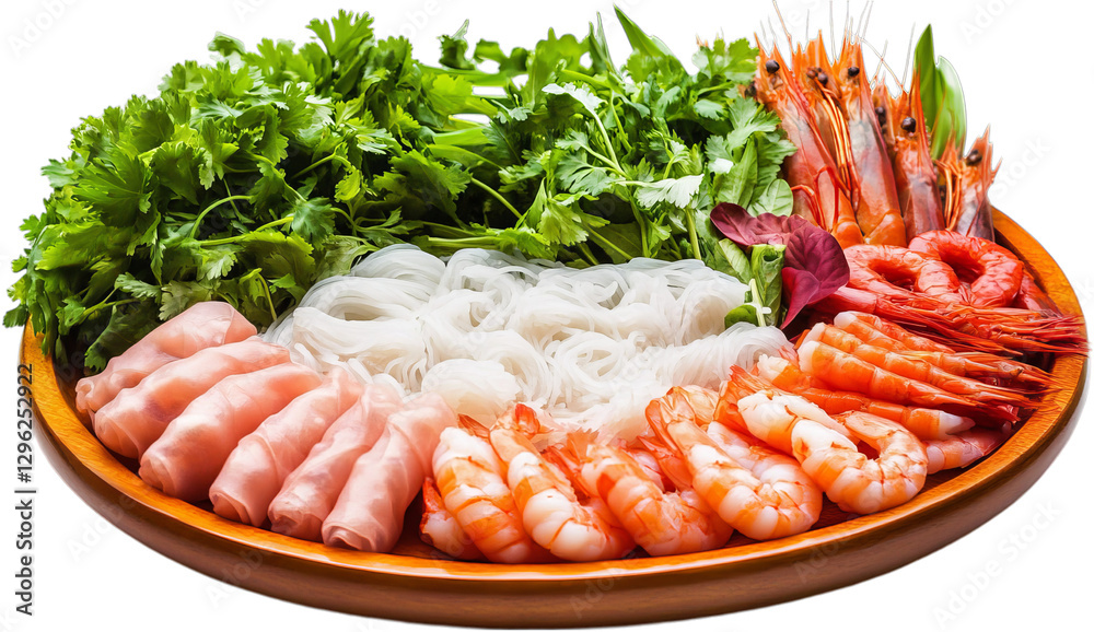 Fresh Seafood and Herbs on Wooden Plate with Rice Noodles and Shrimp for Gastronomic Delight Fresh Seafood and Herbs on Wooden Plate with Rice Noodles and Shrimp for Gastronomic Delight