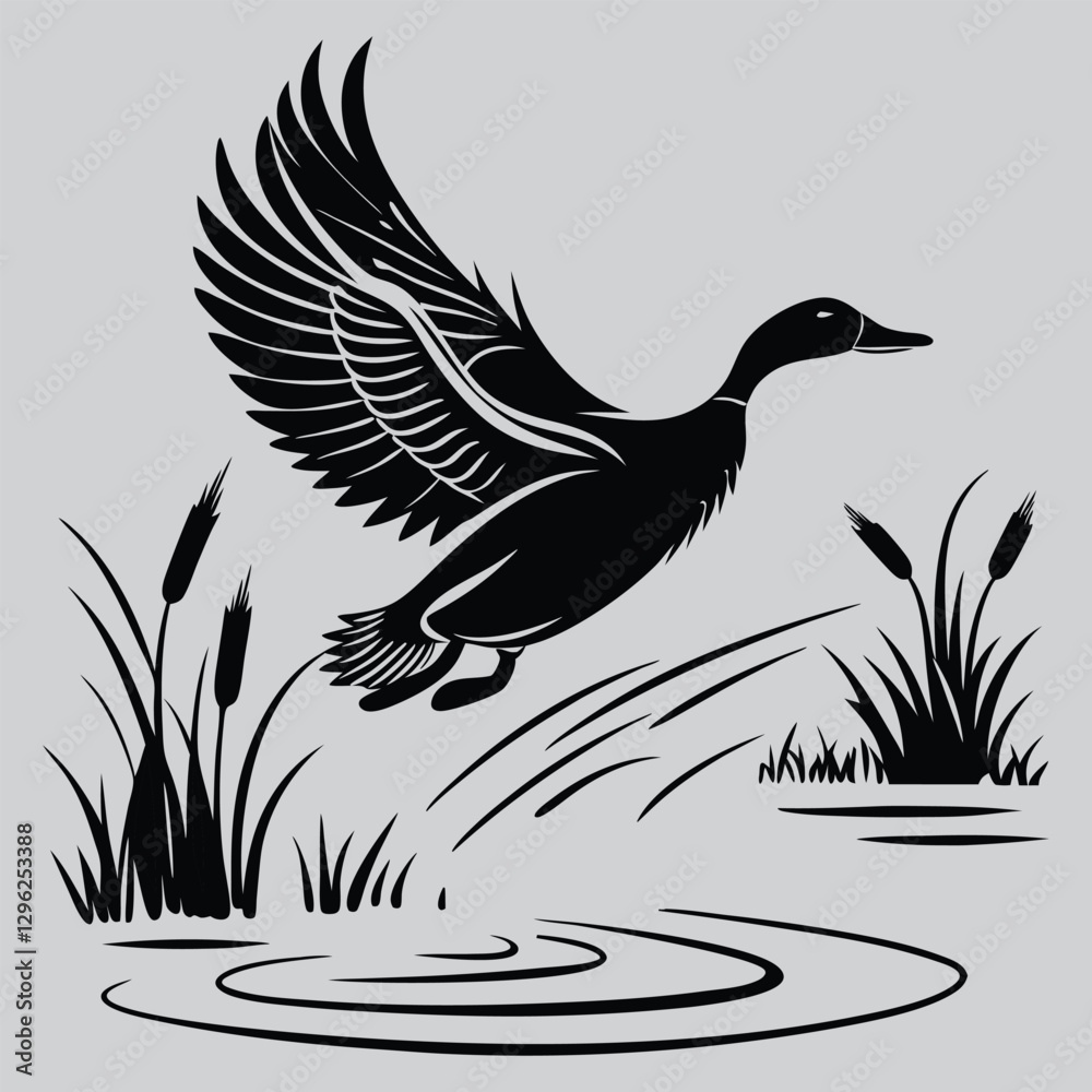 Naklejka premium a duck taking flight from a pond silhouette vector design art and illustration