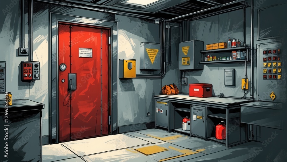 Painted utility room interior. Gray walls with red door. Tools and supplies sit on shelf and table. Industrial style illustration. Painted utility room interior. Gray walls with red door. Tools and supplies sit on shelf and table. Industrial style illustration.