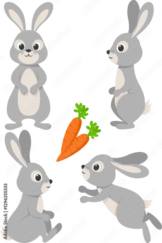 Fototapeta premium Set of gray rabbits in different poses on a white background. Hare character. Easter bunny