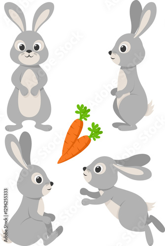 Set of gray rabbits in different poses on a white background. Hare character. Easter bunny