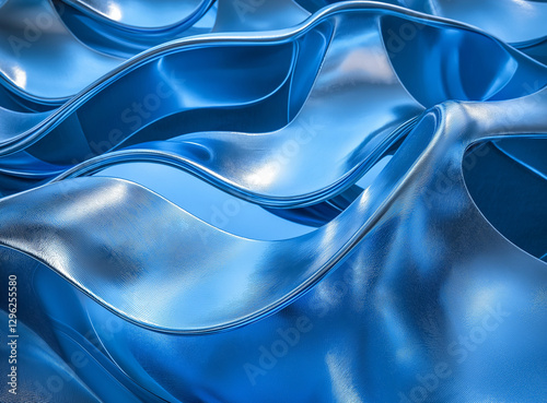 Blue and silver metallic wavy lines, with an emphasis on the texture and reflections,