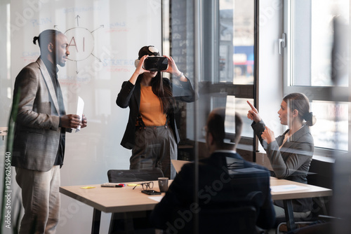 Business professionals in a modern office collaborate on an AI project. Woman explores virtual reality while colleagues discuss strategies. Concept of innovation and technology in the workplace