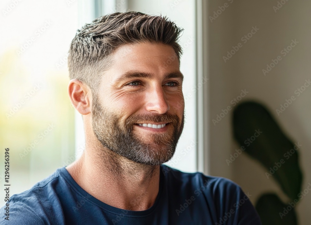 Close-up portrait of a handsome, smiling man with short hair and a beard, looking to the side with a window in the background. Close-up portrait of a handsome, smiling man with short hair and a beard, looking to the side with a window in the background.