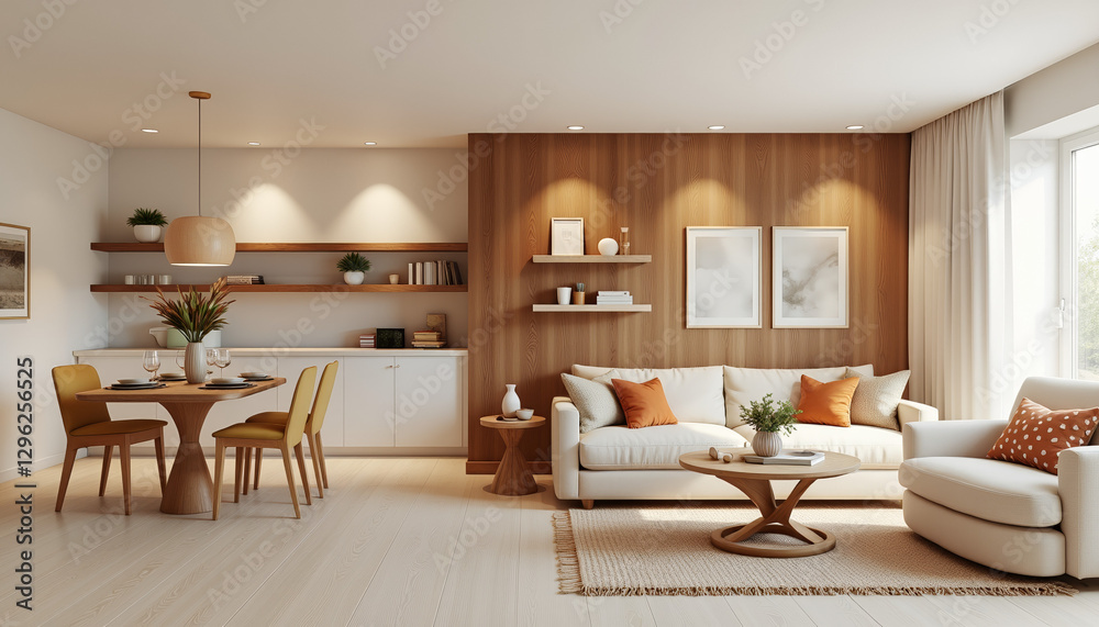 Cozy open-concept living area with warm accents, inviting atmosphere Cozy open-concept living area with warm accents, inviting atmosphere