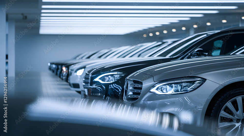 Fototapeta premium Modern car showroom with spotlights and gleaming vehicles, showcasing innovation and luxury in automotive design, reflecting cutting-edge technology and premium lifestyle aspirations.