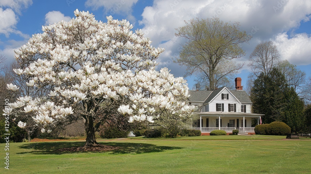 Springtime view of a white farmhouse with a blooming magnolia tree in front. Springtime view of a white farmhouse with a blooming magnolia tree in front.
