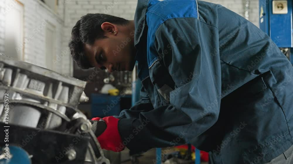Mechanic in red gloves uses pneumatic tool on engine block in industrial workshop, performing precise mechanical repair, focused worker in blue uniform adjusts engine components Mechanic in red gloves uses pneumatic tool on engine block in industrial workshop, performing precise mechanical repair, focused worker in blue uniform adjusts engine components