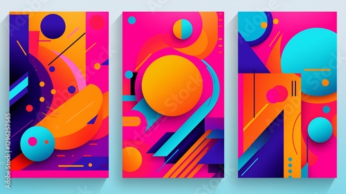 Colorful neo geometric poster. Grid with color geometrical shapes. Modern abstract promotional flyer background vector illustration set. Geometric template poster, brochure neo pattern with background