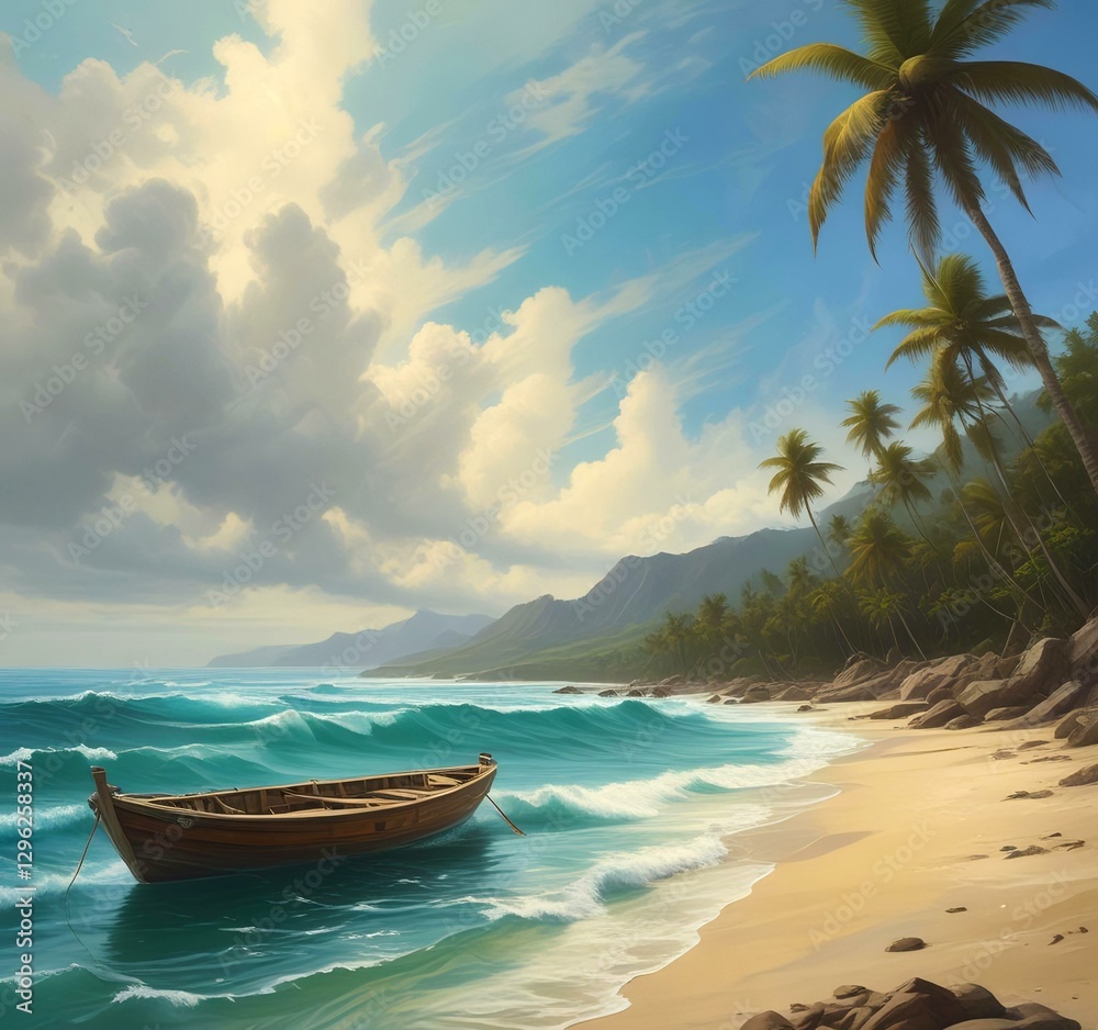 Illustration of ocean landscape with boat on beach. Illustration of ocean landscape with boat on beach.