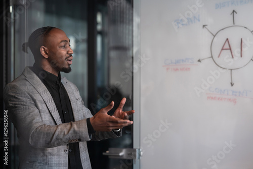 Professional African-American man in a plaid blazer gives a presentation in a modern office, gesturing while speaking. Concept of business communication, AI strategy, and corporate leadership